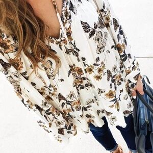 Free People Floral Print Smocked Tunic with raw hem